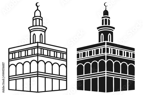 Crescent moon atop two linear Islamic architecture renders shine in stark monochrome design
