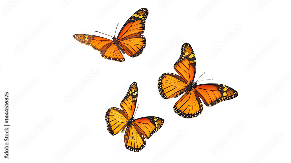 Three Monarch Butterflies in Flight Against a White Background Three Monarch Butterflies in Flight Against a White Background