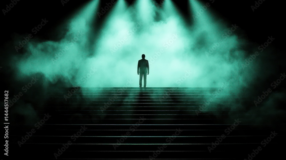 Fototapeta premium A silhouetted figure stands alone on a staircase in the dark