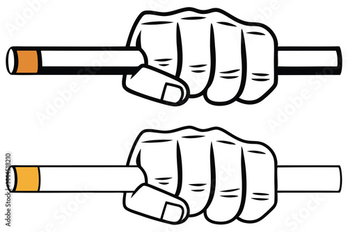 Two hands tightly grip unlit cigarettes outlined in black, presented on a transparent background
