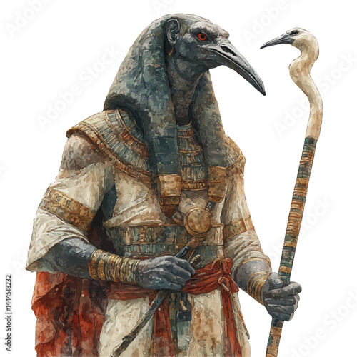 illustration of Egyptian God Thoth With The Head Of An Ibis, watercolor vector, isolated on a white background.