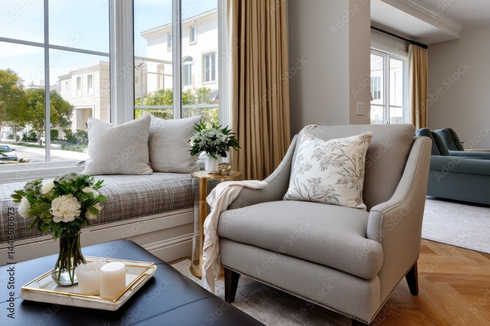 Fototapeta premium A beautifully designed living room featuring a cozy window seat with floral decor. This inviting space combines comfort and elegance for a modern home atmosphere.