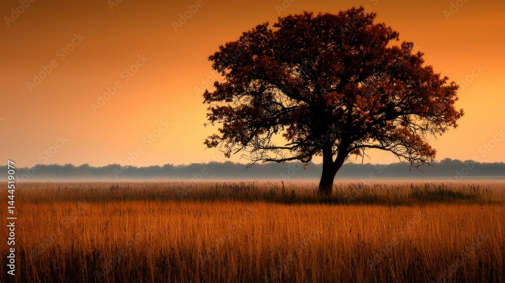 A lone tree stands in a field during a beautiful sunset A lone tree stands in a field during a beautiful sunset