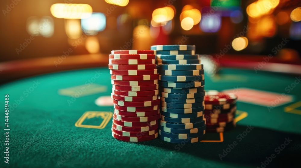 Fototapeta premium Stacked Poker Chips on Green Felt Table in Casino