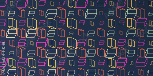 A vibrant abstract pattern of repeating 3D cubes in red, purple, brown and white on a dark blue background. The bold geometric design and contrasting colors create a striking modern visual.