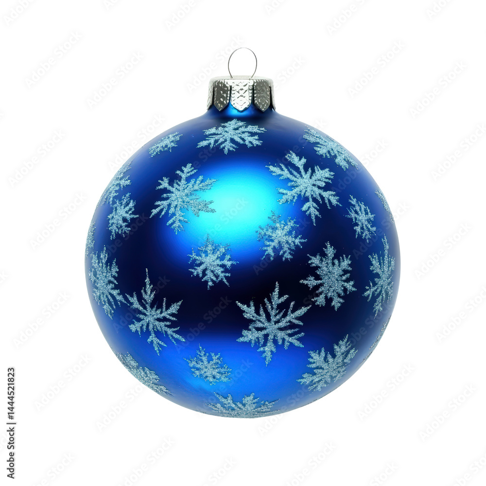 Bright blue Christmas ornament with white snowflake patterns for holiday decoration, shiny spherical bauble with metallic cap, festive winter theme Bright blue Christmas ornament with white snowflake patterns for holiday decoration, shiny spherical bauble with metallic cap, festive winter theme