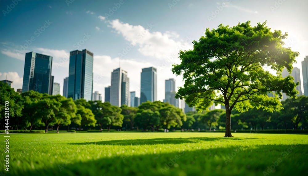 Nature park in a metropolitan city, tall skyscraper building skyline Nature park in a metropolitan city, tall skyscraper building skyline