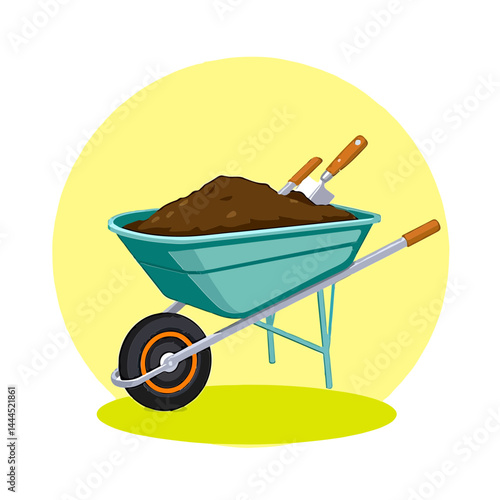 Garden wheelbarrow filled with soil and a shovel for spring gardening