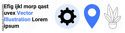 Gear symbol, blue location pin, and simple potted plant icon signify technology, navigation, and nature focus. Ideal for themes thumbs up software, environment, business, maps innovation modernity