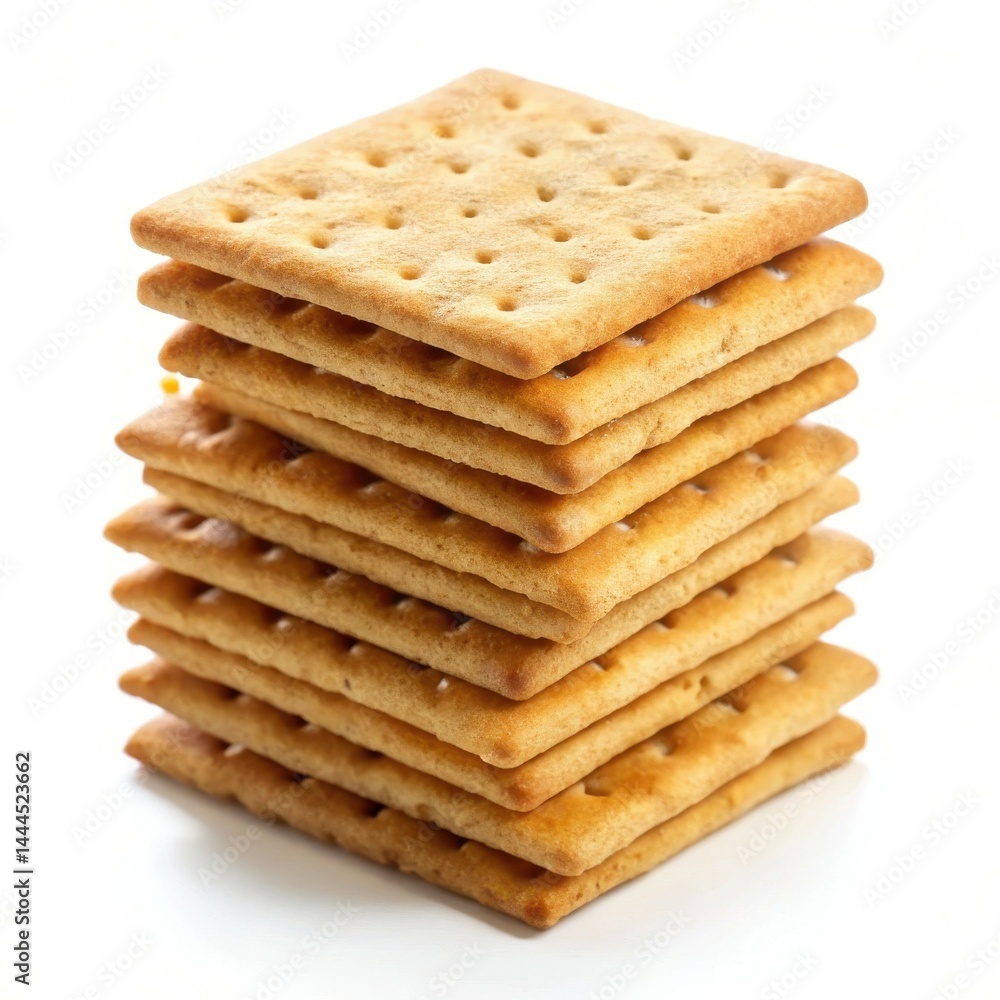 Stack Of Delicious Square Crackers Isolated On White Background Closeup Studio Shot Stack Of Delicious Square Crackers Isolated On White Background Closeup Studio Shot
