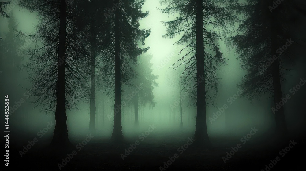 Obraz premium A mysterious forest shrouded in thick green and dark fog
