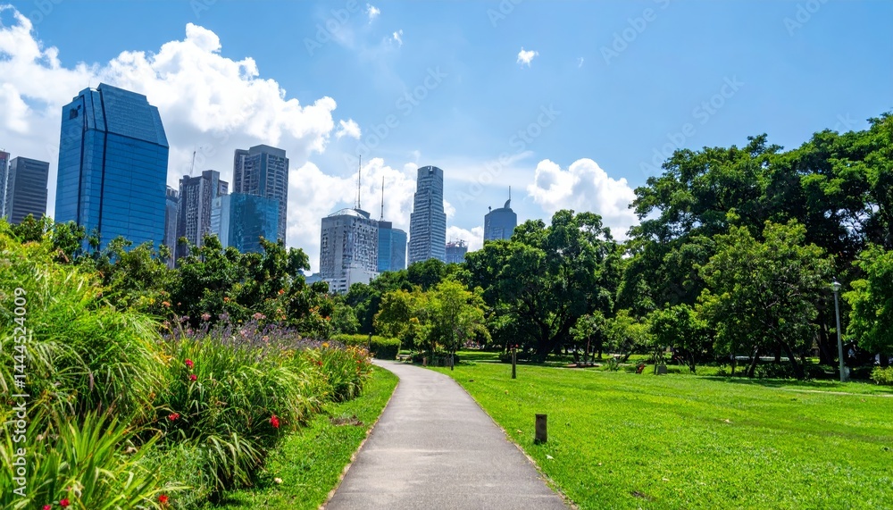 Nature park in a metropolitan city, tall skyscraper building skyline Nature park in a metropolitan city, tall skyscraper building skyline