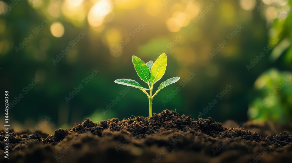 A New Beginning: Young Sprout Emerging from Rich Soil at Sunrise
