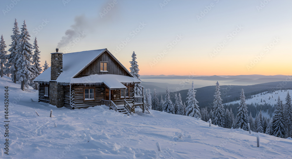 Cozy Winter Cabin Scene At Sunrise In Mountain With Snow Landscape Cozy Winter Cabin Scene At Sunrise In Mountain With Snow Landscape