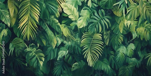 Lush tropical foliage wall Vibrant green leaves of various shapes and sizes, densely packed together A rich, dense jungle aesthetic