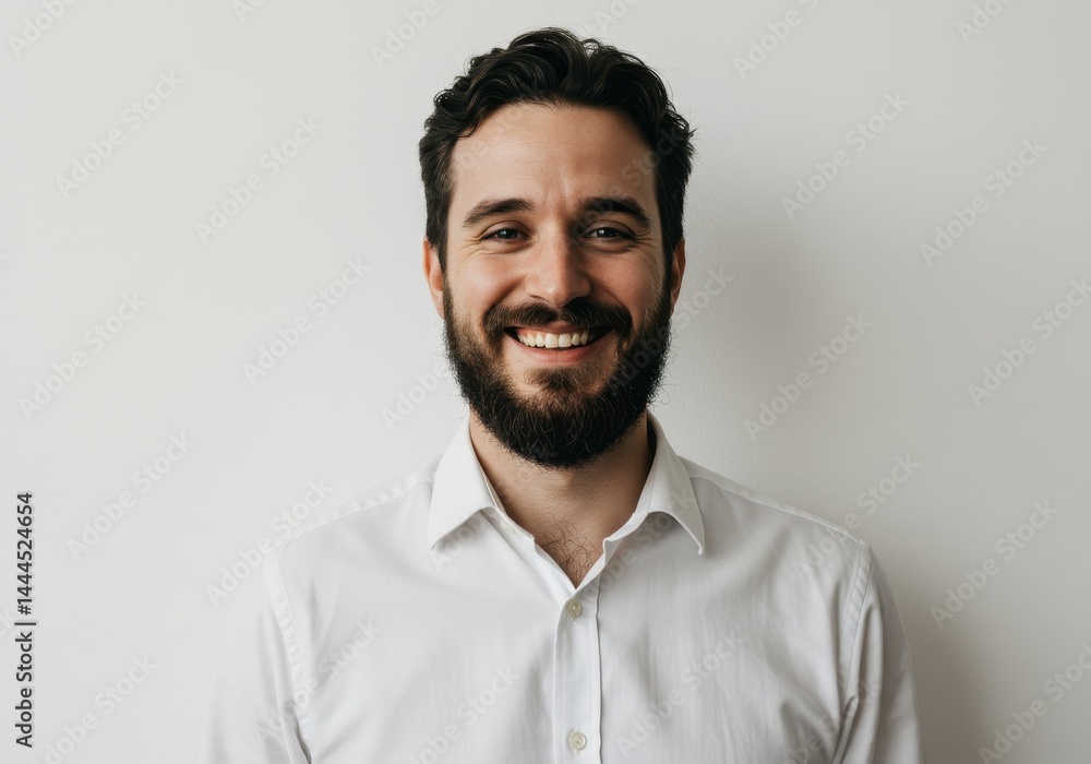 A portrait of a smiling man with a beard wearing a white shirt against a white background wall indoors A portrait of a smiling man with a beard wearing a white shirt against a white background wall indoors
