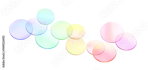 3d glass round shape set. Transparent colorful disk gradient color. Render podium, disc, crystal, badge, confetti. Translucent decoration element. Vector glassmorphism effect illustration