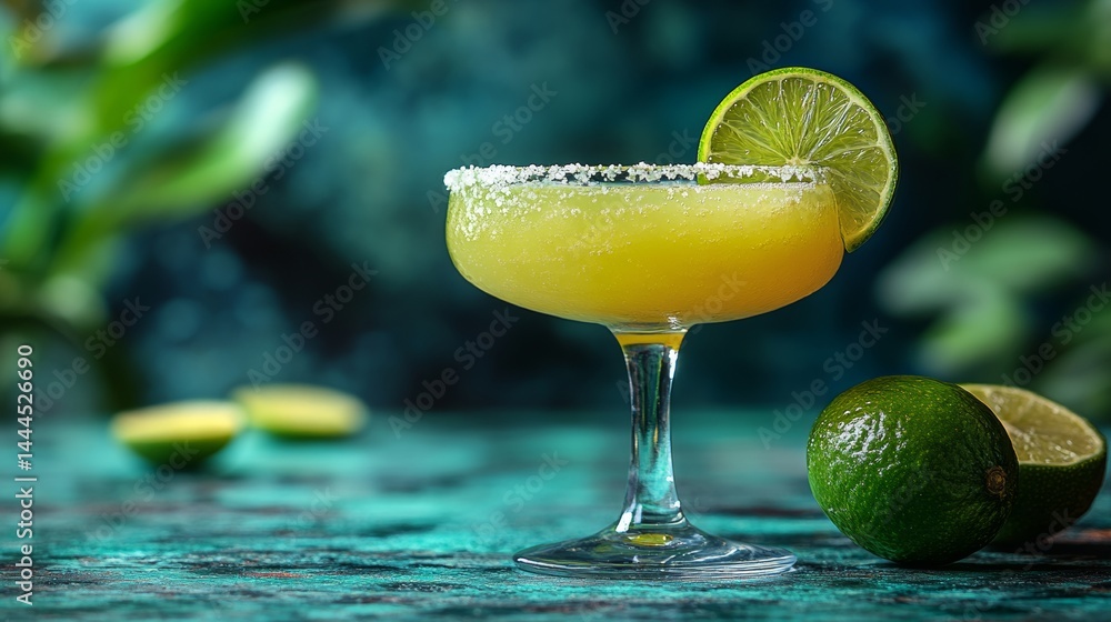A glass of cocktail with lime