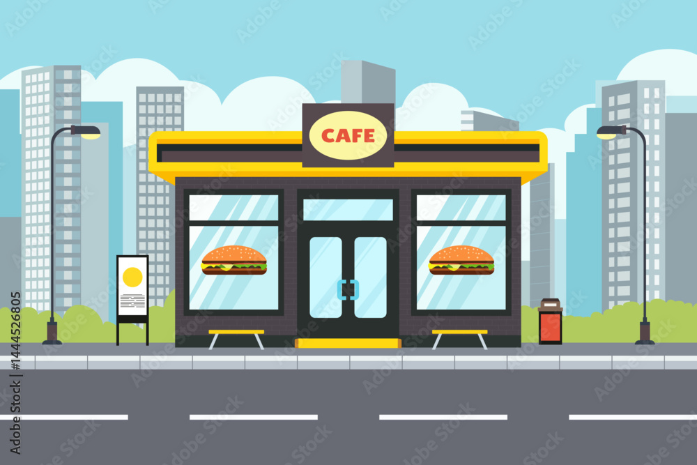 Obraz premium Burger in the city. Burger building on a city street. Fast food restaurant by the road in a modern city. Burger cafes on windows, benches, billboards, trash cans, lampposts, roads and sidewalks.