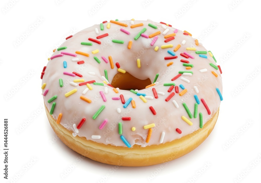 A donut with white frosting and colorful sprinkles on a white background in a studio shot A donut with white frosting and colorful sprinkles on a white background in a studio shot