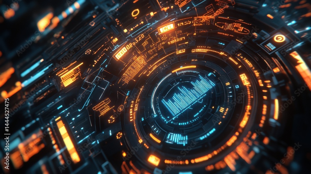 Obraz premium futuristic digital financial data visualization with glowing graphs, numbers, and abstract technological elements in blue and orange tones, symbolizing data analysis and trading.