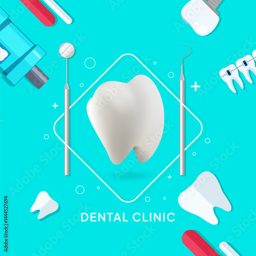 Modern flat 3D illustration of dental clinic concept with realistic tooth, dental tools, implants, and instruments on light blue background. Ideal for dentistry promotion and oral healthcare visuals