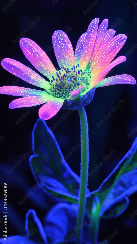 Vibrant Neon Flower Under UV Light: A Close-Up Macro Photography