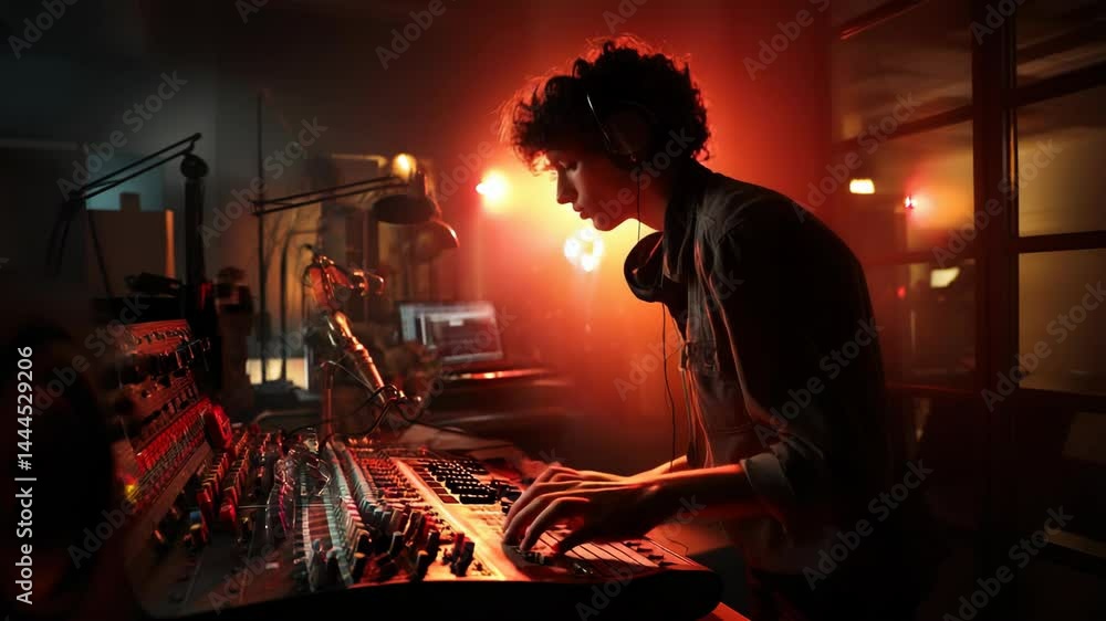 Young musician creates audio tracks using synthesizer and audio mixing board in a dimly lit recording studio with warm ambient light. Young musician creates audio tracks using synthesizer and audio mixing board in a dimly lit recording studio with warm ambient light.