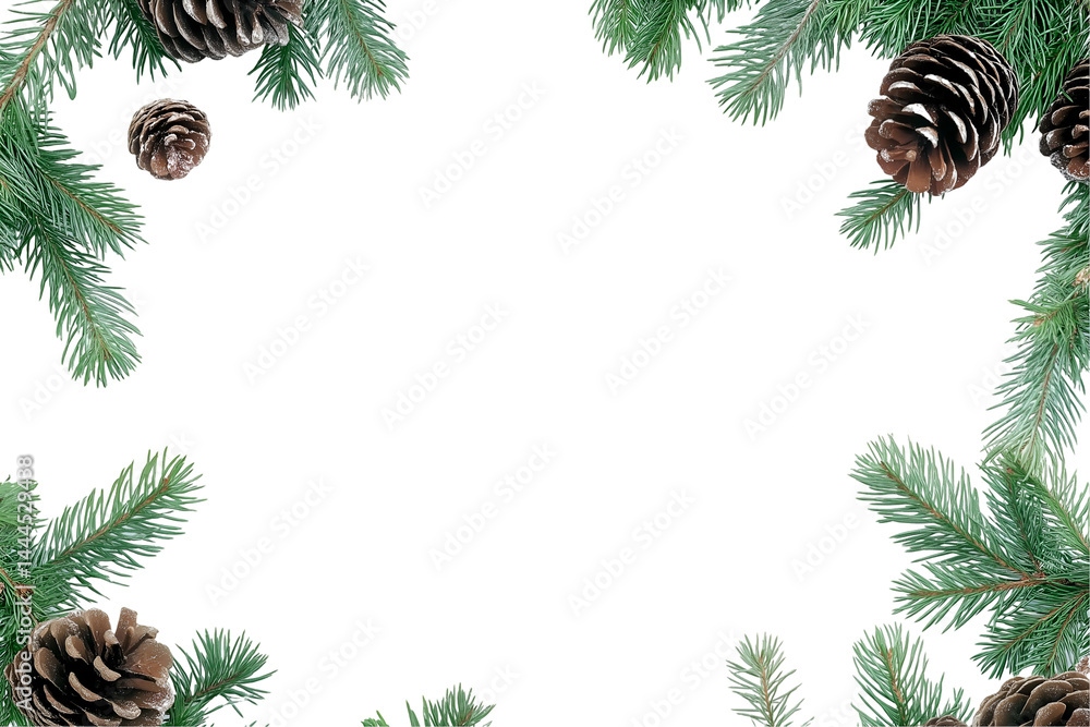 Naklejka premium Fir Branches and Pine Cones Bordering a White Background Image