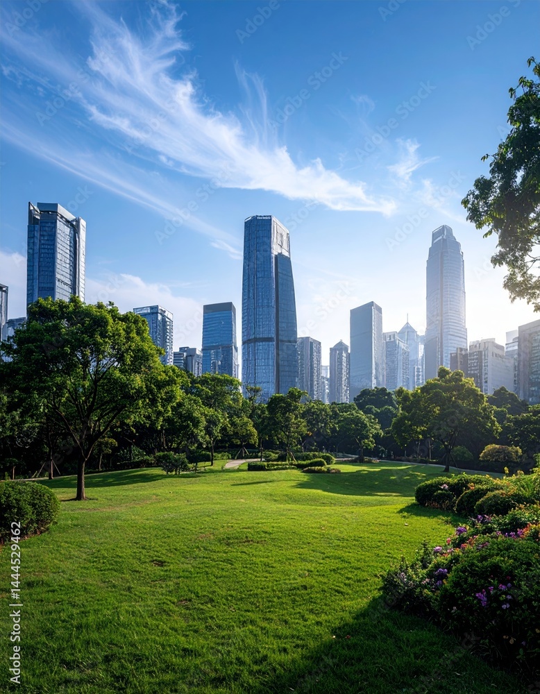 Nature park in a metropolitan city, tall skyscraper building skyline Nature park in a metropolitan city, tall skyscraper building skyline