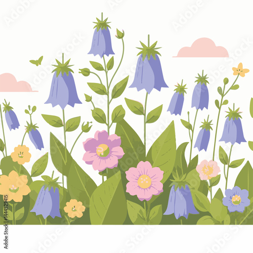 flower, bellflower, summer, plant, botanical, purple, spring, blossom, blue, floral, illustration, green, flora, campanula, isolated, bloom, leaf, bell, background, bluebell, nature, design, bouquet, 