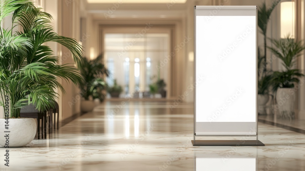 Fototapeta premium Pull up banner mockup stands in the lobby. Blank roll up poster stands in elegant hallway interior