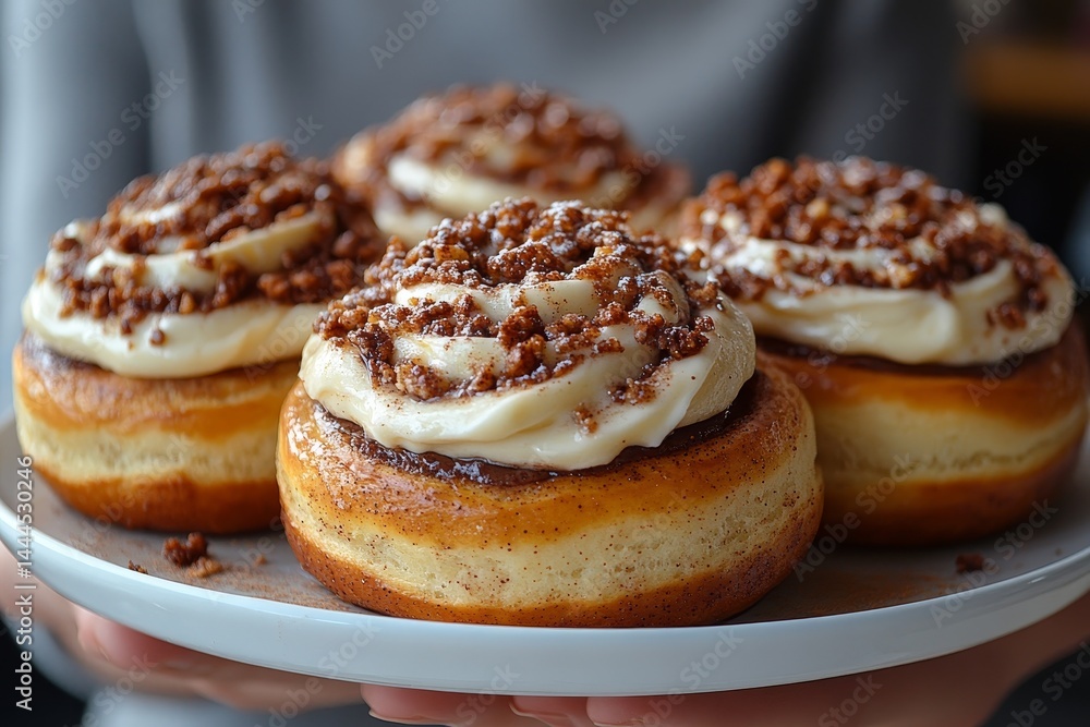 Delicious cinnamon rolls, creamy frosting, nut topping, cafe background, food photography Delicious cinnamon rolls, creamy frosting, nut topping, cafe background, food photography