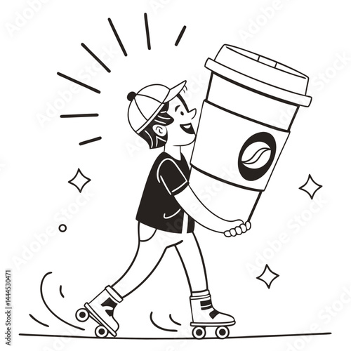 Line art of boy on roller skates carrying a large coffee cup in a joyful manner