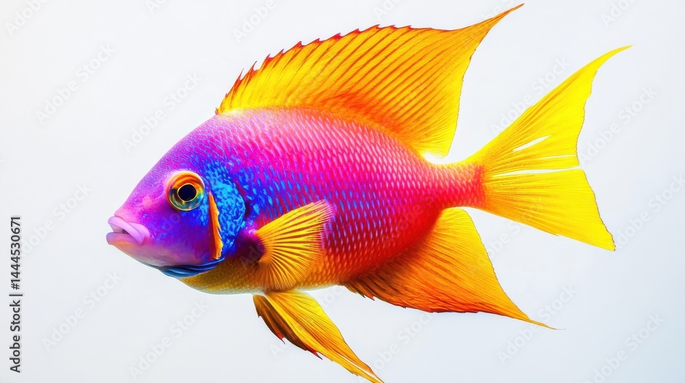 Fototapeta premium A vibrant tropical fish with vivid colors and fine textures, swimming gracefully against a white background that accentuates its beauty. Ultra-Realistic, Photo Realistic, highly detailed,