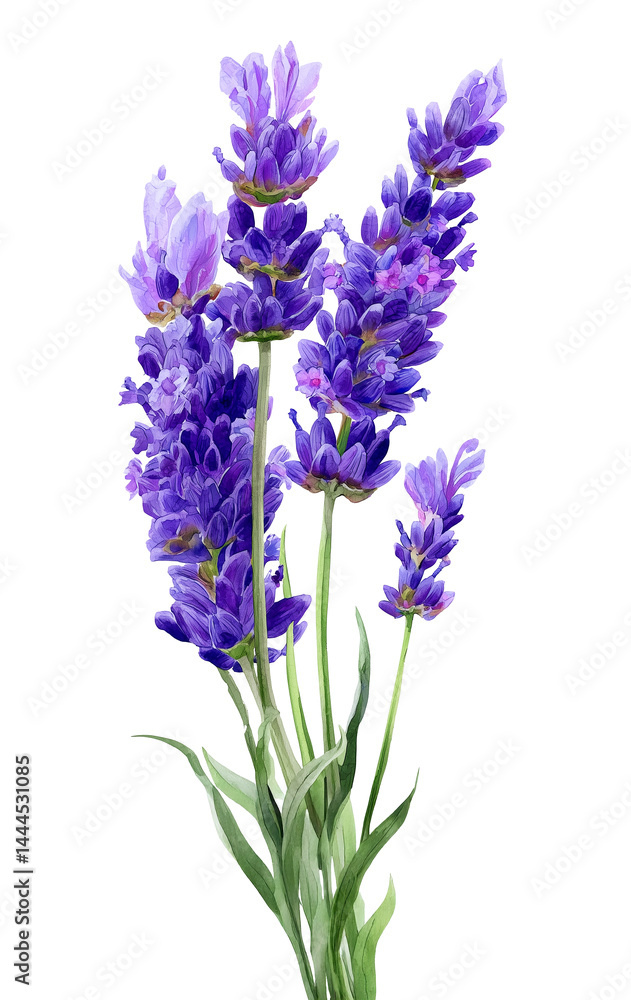 Fototapeta premium Watercolour illustration of blooming lavender flowers with green stems, isolated with transparent background
