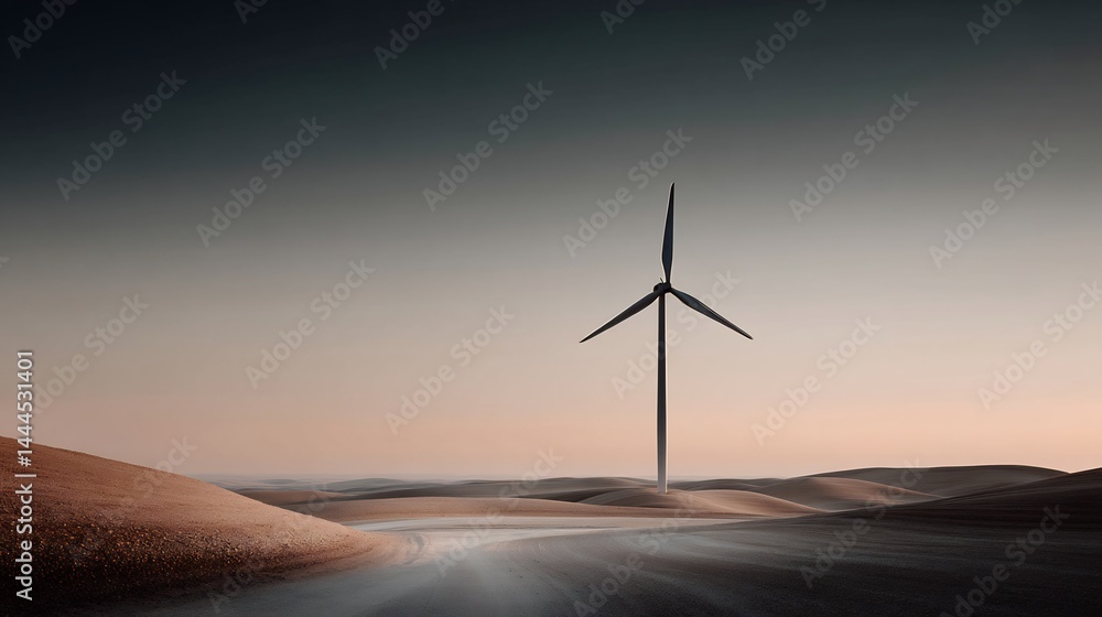 Obraz premium Wind turbine standing proudly in a vast arid landscape during a tranquil dawn
