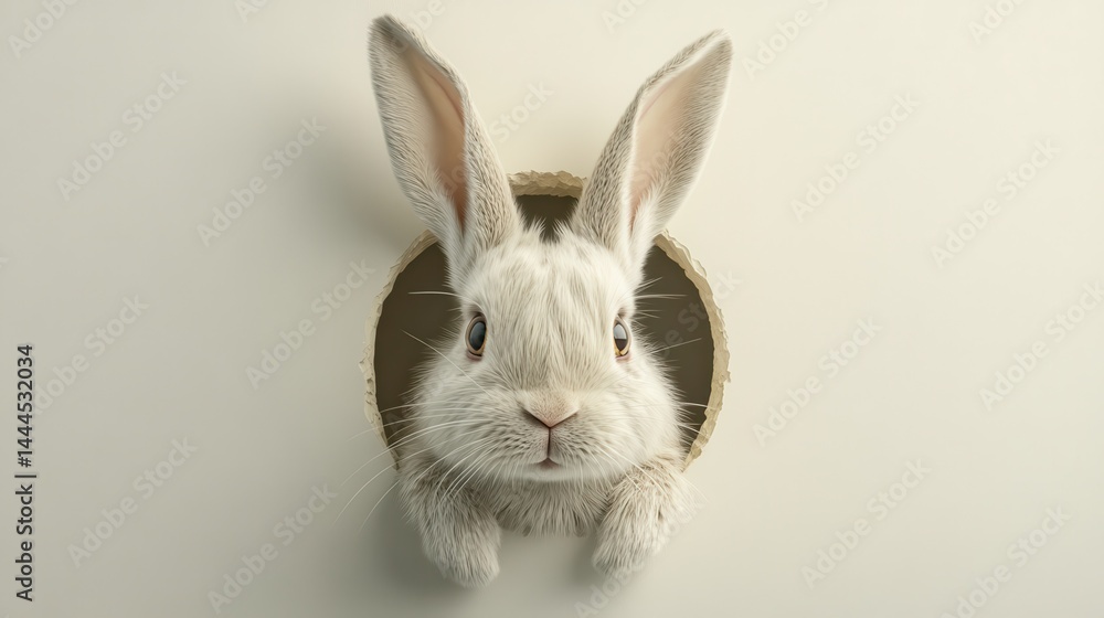 Obraz premium Fluffy Easter bunny with long ears peeking curiously out of a round hole in a pale cream background