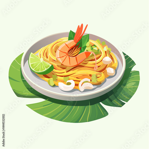Illustration of Pad Thai with Shrimp, Lime, and Peanuts on Banana Leaf

