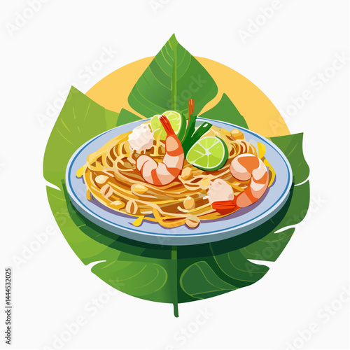 Illustration of Pad Thai with Shrimp, Lime, and Peanuts on Banana Leaf

