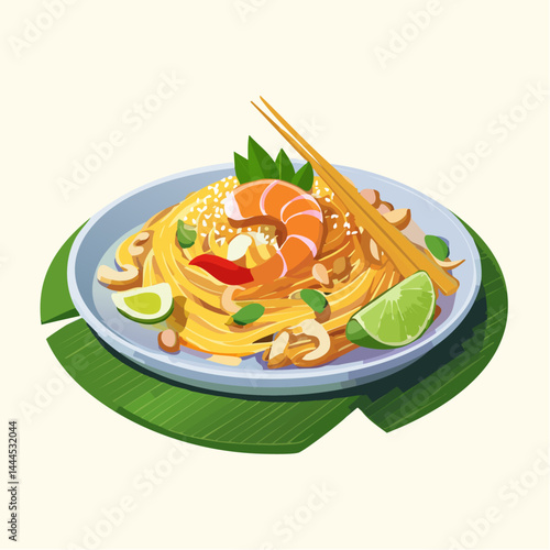 Illustration of Pad Thai with Shrimp, Lime, and Peanuts on Banana Leaf

