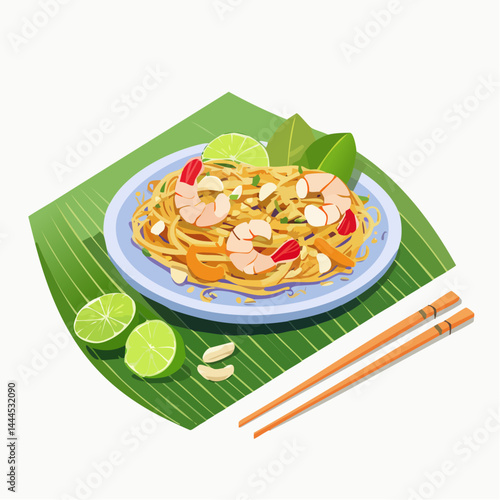 Illustration of Pad Thai with Shrimp, Lime, and Peanuts on Banana Leaf

