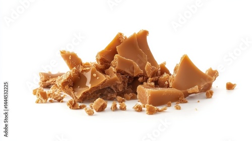 Isolated broken caramel toffee crumbs round milk confections brown sugar candies and small caramel treats on a white background