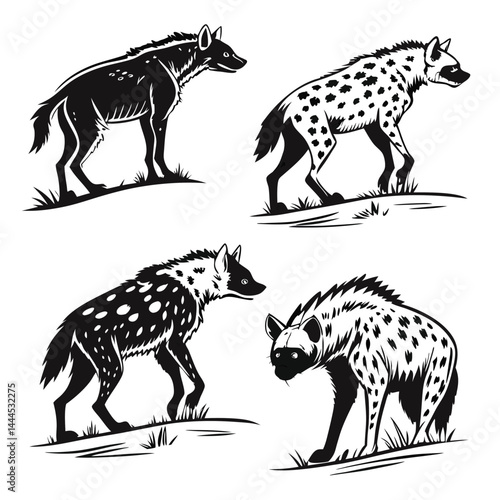 Silhouette of Four Hyenas on White Background; Walking, Standing in Black and White