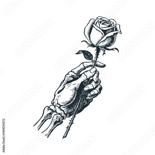 skeleton hands holding flowers. Black white vector illustration.