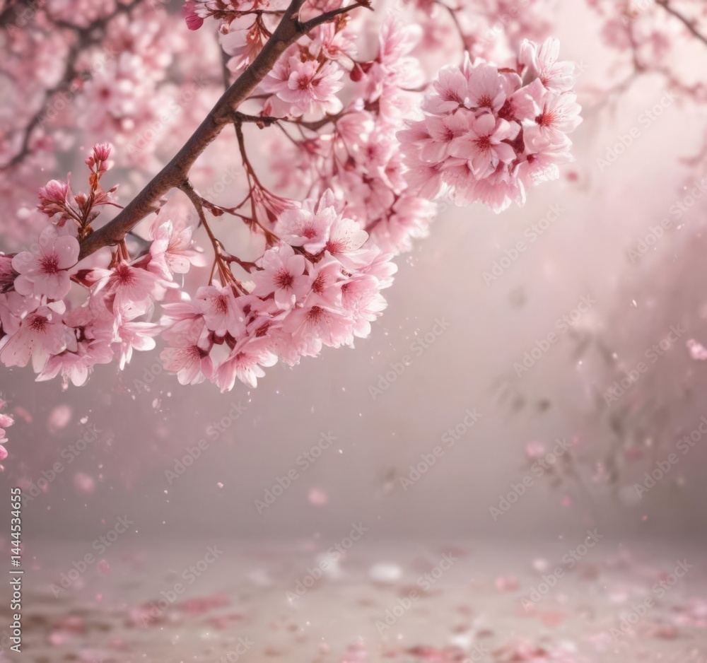 Fototapeta premium Delicate pink sakura petals softly falling against a blurred, dreamy background , tranquil, light