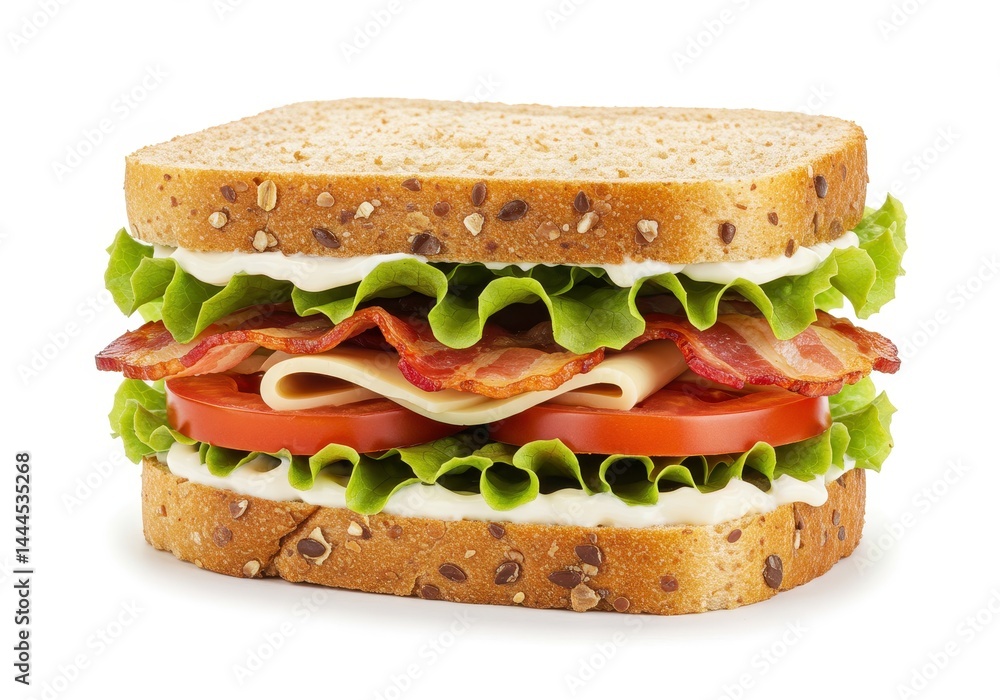 Close up of a blt sandwich with lettuce tomato bacon and cheese on seeded wheat bread isolated Close up of a blt sandwich with lettuce tomato bacon and cheese on seeded wheat bread isolated