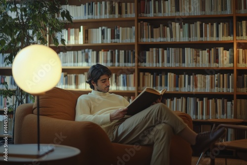 Man Reading a Book in a Library Surrounded by Bookshelves, Calm Atmosphere, Peaceful Reading, Cozy Library Setting, Warm Lighting