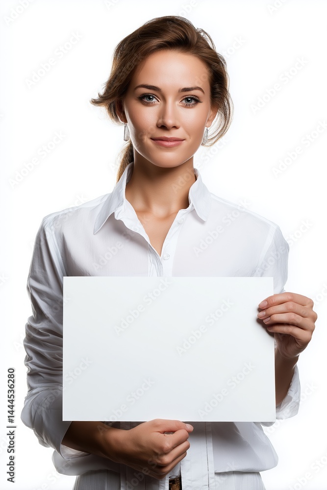 A woman is holding a white sign. She is smiling and looking at the camera. The sign is blank, which could represent a blank slate or a new beginning A woman is holding a white sign. She is smiling and looking at the camera. The sign is blank, which could represent a blank slate or a new beginning