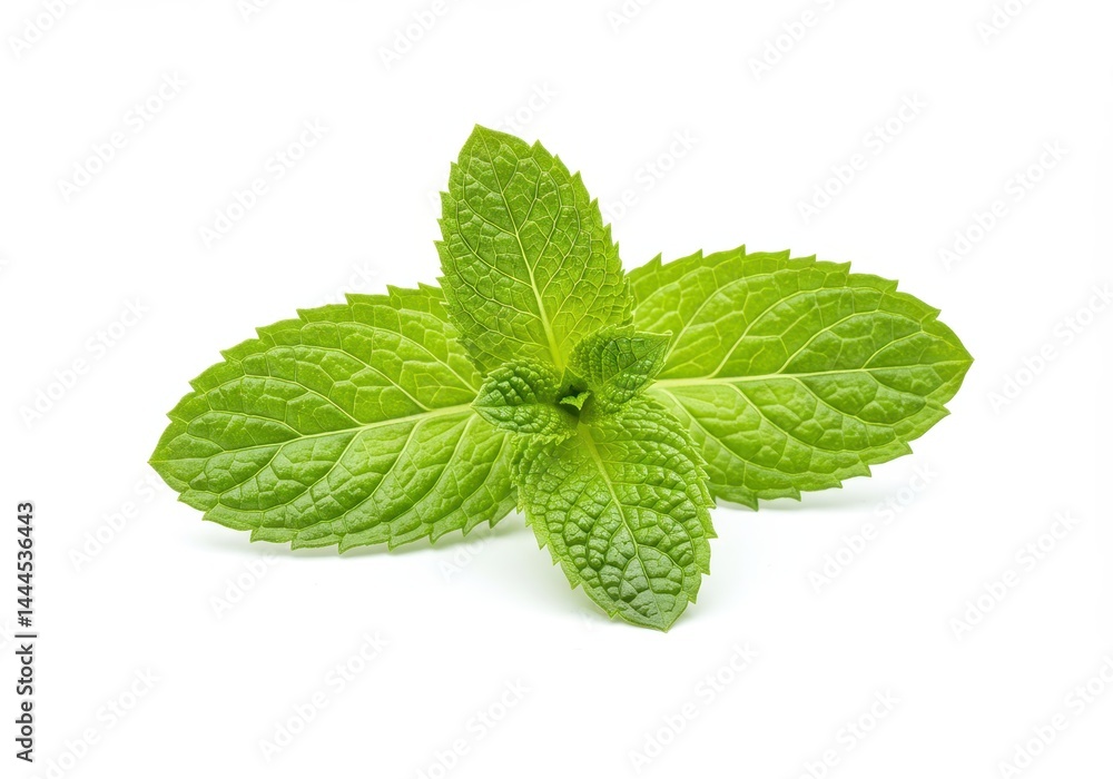 A sprig of fresh green mint with visible leaf veins isolated on a clean white background in studio shot A sprig of fresh green mint with visible leaf veins isolated on a clean white background in studio shot